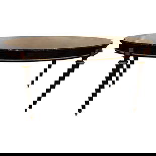 Louis XVI Jansen Table, Black Lacquer Finish: Louis XVI Jansen style center or dining table in a black lacquer Steinway piano finish. This Hollywood Regency spectacular Table is super sleek and stylish dining or center table having bronze sabots