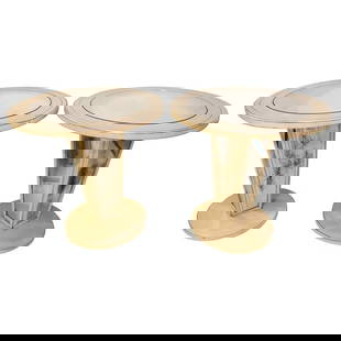Pair Hollywood Regency Mirrored Side Tables: Hollywood Regency paint decorated mirrored side, end or lamp tables. A pair of exquisite tables having a clean mirror top in a painted circular frame supported by a square tapering base of distressed