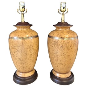 Pair Ceramic Lamps with Gold Trim & Crackle Finish