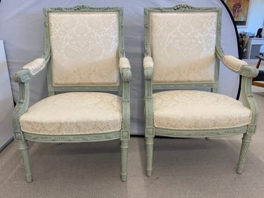 Pair Louis XVI Throne Chairs, Painted Frames