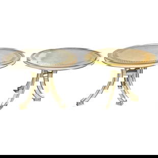 Pair Hollywood Regency Églomisé Side Tables: Pair of compatible églomisé top painted side end or centre tables. Each of these fine custom quality end table have an églomisé glass mirror form tabletop with a cross boxed gilt design border on