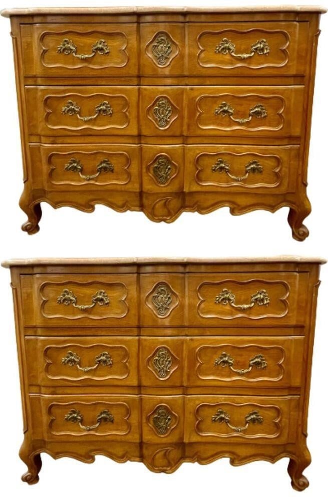 Pair Louis XV Marble Commodes, Jansen Style: Pair of marble-top commodes in the Louis XV fashion by Maison Jansen. DimensionsHeight: 35.25 inWidth: 46.25 inDepth: 20 inSKU: 101-5758