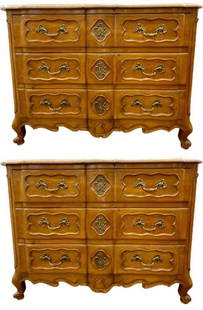 Pair Louis XV Marble Commodes, Jansen Style: Pair of marble-top commodes in the Louis XV fashion by Maison Jansen. DimensionsHeight: 35.25 inWidth: 46.25 inDepth: 20 inSKU: 101-5758