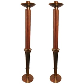 Pair Mid-Century Teak & Brass Pricket Candlesticks