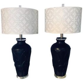 Pair Art Deco Black Lamps with Antelopes & Lucite