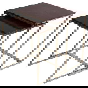 Ralph Lauren "Brook Street" Nesting Tables: Ralph Lauren "Brook Street" nesting tables. Finish is Cote D'Azur with standard features such as Mahogany, polished stainless steel trim and legs. Add a touch of class to your home. Available at