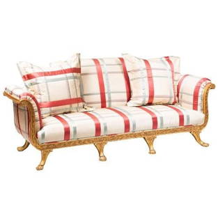 Hollywood Regency Giltwood Carved Settee, Satin: Hollywood Regency Eccentric Giltwood, Carved Sofa / Settee, SatinThis unusual sofa has a finely carved, 8-leg giltwood frame that features a dramatic camel back design. Striped satin upholstery is str
