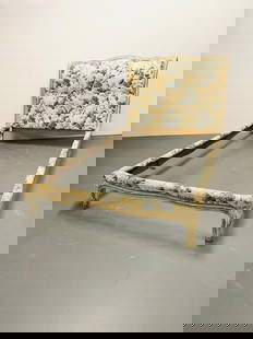 Maison Jansen Painted Twin Bedframe, France Stamp: Maison Jansen Paint Decorated Twin Bedframe, Distressed, Stamped Made in FranceA finely detailed sleigh bed having original paint finish on a Louis XV Frame by this highly sought after designer. The w