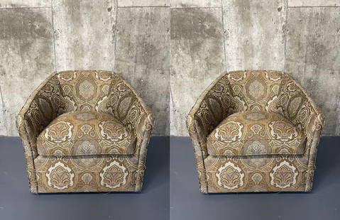 Pair Kagan Style Swivel Tub Chairs, Scalamandre: A Pair of Vintage Kagan Style Arm or Lounge Swivel Tub Chairs. The pair comfortable and strudy each having metal swivel bases with deep padded cushions and back rest covered in a very appealing Scalam