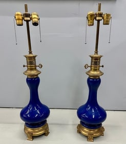 Vintage Pair Cobalt Kessler Porcelain Lamps, Brass