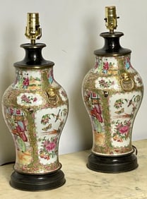 Pair Oriental Ceramic Table Lamps, Bronze, 19th C.