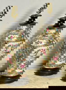 Pair Oriental Ceramic Table Lamps, Bronze, 19th C.: Pair of Ceramic Oriental Table Lamps, Decoration, Bronze, 19th C.A fine pair of porcelain vase style table lamps depicting gathered figures in addition to floral and animal motifs. Each is further