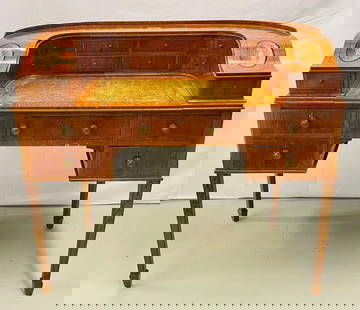 Adams Edwardian Inlaid Carlton Desk, Satinwood: Adams Edwardian Inlaid Carlton House Desk, Hand Painted, Satinwood,An absolutely stunning Adams Carlton House desk in the manner of Angelica Kaufman. Classic in form, the superstructure is fitted with