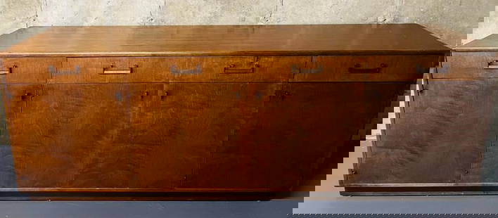 Mid-Century Modern Sideboard, Brass, American: Mid-Century Modern Dresser / Sideboard, Brass, American DesignerWalnut Mid Cent Dresser or Chest having four drawers above four doors leading to large open interiors. the whole having rectangular indu