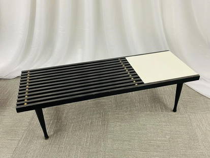 Mid-Century Nelson Style Coffee Table Bench: Mid-Century Modern Herman Miller George Nelson slat style brass and ebony coffee table or slat bench. Clean and sweet side or coffee cocktail table with a slat top and Formica side serving side.Part o