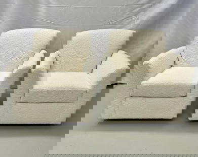 Pair MCM White Boucle Swivel Rocking Lounge Chairs: Pair of Mid-Century Modern Square White Boucle Rocking Lounge / Swivel ChairsSeat height: 19 inchesDimensionsHeight: 33.10 inWidth: 34 inDepth: 33 inSKU: 462-5