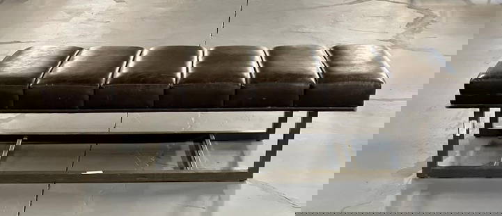 Mid-Century Modern Bench / Ottoman, Leather, Steel: American designer mid-century leather bench. A sectioned leather bench on a steel base by J. A. Casillas. A sleek and stylish bench in the Mid Century Modern Taste on a rectangular base. DimensionsHei