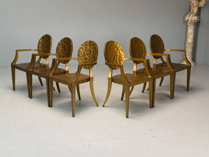 Made Goods Hammered Iron Six Daphne Chairs: Set of six 'Daphne' armchairs designed and produced by Made Goods with an original retail price of $1,440 per chair. The 'Daphne' is Made Good's simplified rendition of a traditional Louis XV chair. H