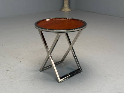 William Sonoma Steel and Wood Side Table: William Sonoma Steel and Wood Side TableHeight: 22.25 in. Diameter: 21 in.