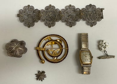 Lot of Jewelry, Silver, Brooches, Watch