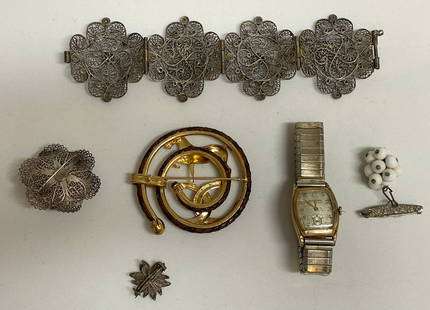 Lot of Jewelry, Silver, Brooches, Watch: Six pieces of Vintage Jewelry Four Brooches or Pins one Bracelet. One Horse Brooch large in diameter 2.75 inches in Diameter having a large racing horse intwined in a leather lasso. One Turkish