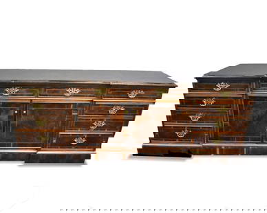 Custom Circassian Walnut Burl Credenza: A fine Custom Cabinet Maker Sideboard or Credenza having file cabinet drawers with fine inlays. Height: 30.25"Width: 83"Depth: 22"