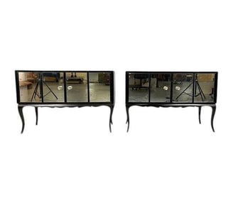 Pair Mirrored Ebonized Commodes / Bedside Stands