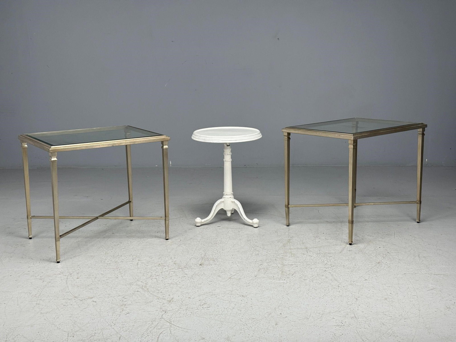 Group of Side or End Tables, One Pair: From a Ridgefield CT EstateH 25.5W 28D22Round tableH 24W 18