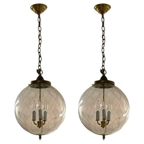 French Mid Century Modern, Brass, Blown Glass, Globe Pendant Lights,1950s