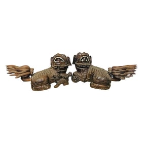 Pair of 19th century / 1930s solid teak foo dogs, statuary.