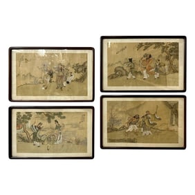 Four Chinese Paintings in Rosewood Frames, Signed, 19th Century, Watercolor
