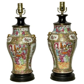 Pair of Ceramic Oriental Table Lamps, Decoration, Bronze, 19th C.