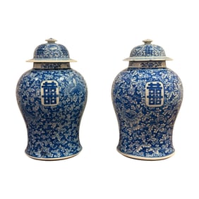 Pair of 19th century blue and white temple jars, Chinese or Urns