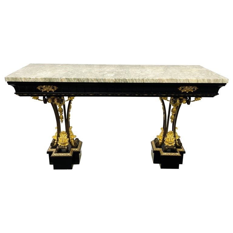Neoclassical Style Console Table, 19th/20th Century.: From the estate of DJ and TV personality Kasey Kasem. A think heavy bronze mounted ebony base supporting a think marble top. Likely late 19th century. Dimensions: Height: 36.25 in (92.08 cm)Width: 61