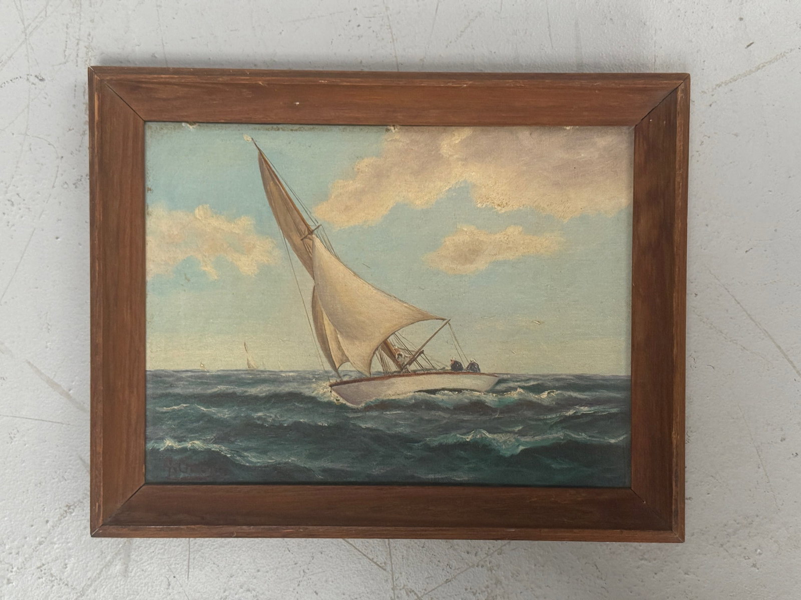 Yawl Race Painting by ALFRED GABALI (Massachusetts/Germany, 1886-1963): Painting of a ship in a race. Signed A. GABALI in lower left. Oil on art board, framed. Signed by artist with message on verso. Artist label on verso.Framed dimensions: Height 14.75 inches Width 18.75