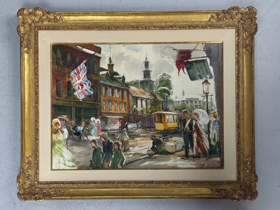 Watercolor of Halifax Street Scene by Joseph Purcell: Watercolor of Halifax Street Scene by Canadian artist Joseph Purcell (1927-2017)inscription with explanation of the image on label on verso.signed lower rightFramed in a gilt frame.Dated on frame 11/1