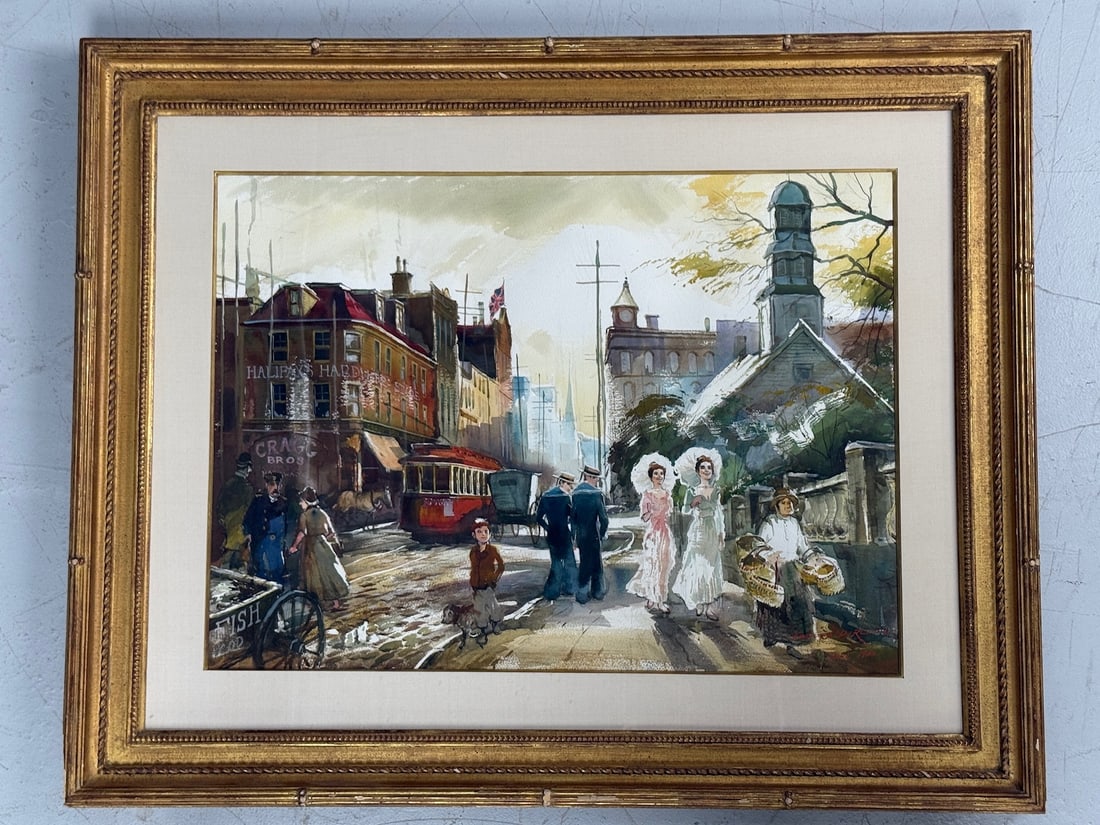 Watercolor of Halifax Street Scene circa 1900 By Joseph Purcell: Watercolor on paper of Halifax Street Scene circa 1900 by Canadian artist Joseph Purcell (1927-2017).signed lower right Joseph Purcell circa 1900framed and matted in a gilt wood frameframers label on