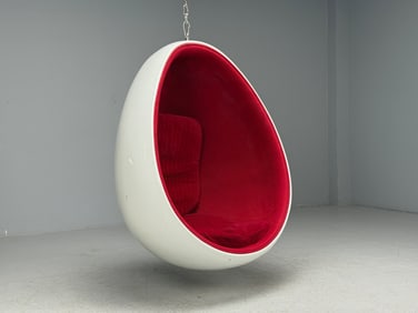 Mid-Century Fiberglass and Red Fabric Hanging Egg Chair