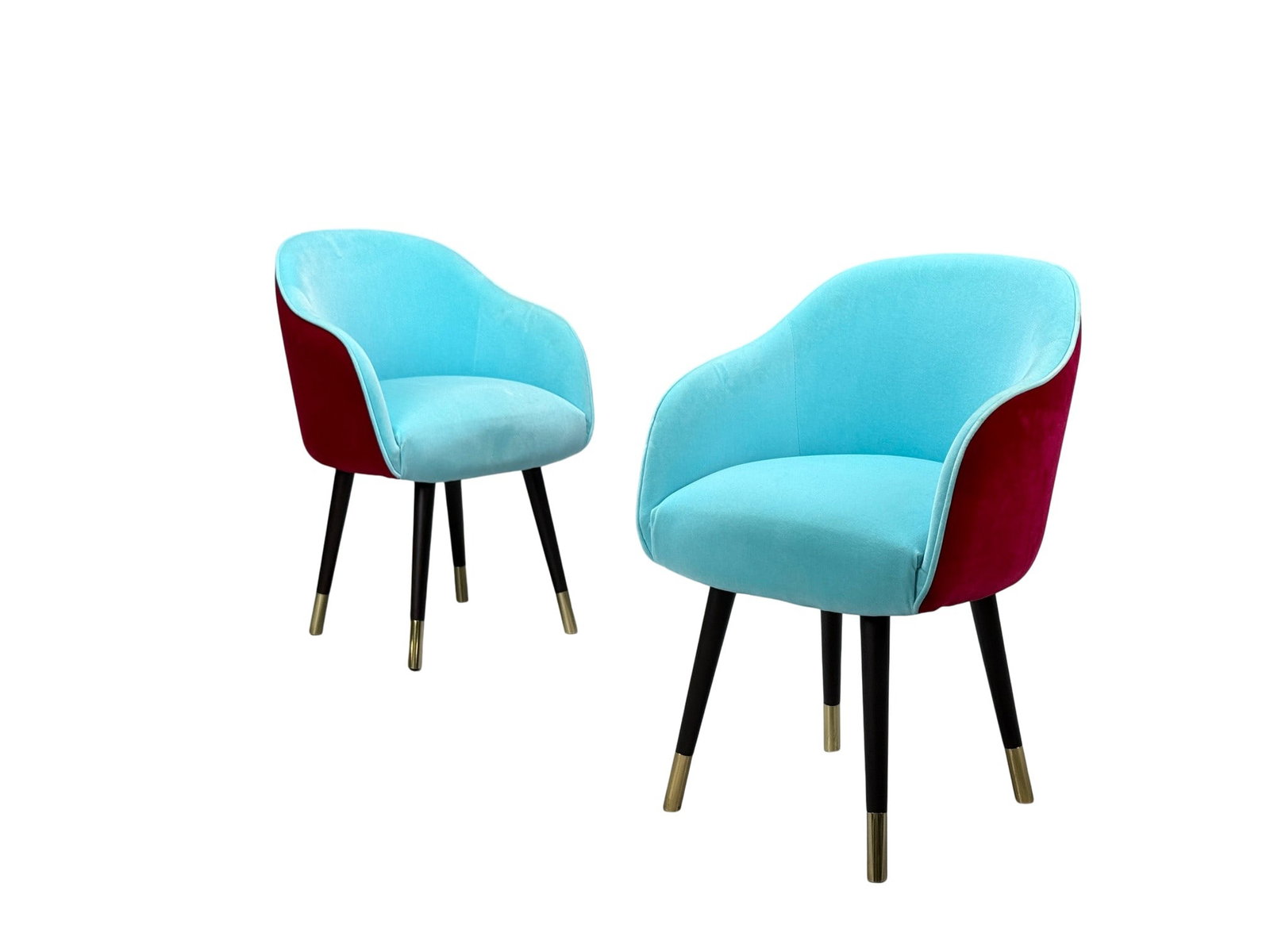 Pair of chairs with velvet upholstery: Pair of chairs with velvet upholstery and black legs with brass caps.Height 33 inchesWidth 22.75 inDepth 21 inSeat 20.75 in