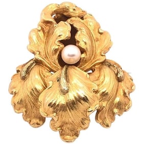 14 Kt Gold Catleya Brooch with Center Pearl 5.8g