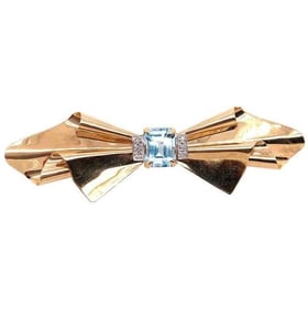14Kt Gold Bow Brooch Blue Topaz/Diamonds 8.40g