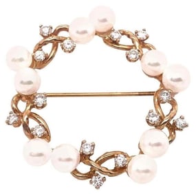 14 Kt Gold Diamond and Pearl Circle Brooch 6.8g