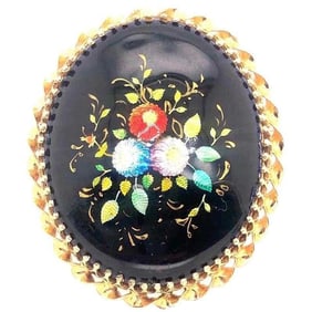 14K Yellow Gold Enamel Floral Design Brooch 8.78g