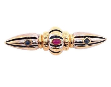 14K Two-Tone Gold Brooch w/ Ruby and Sapphire 6.3g