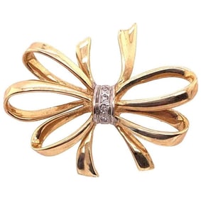 14K Two-Tone Gold Bow Brooch with Diamonds 4.89g