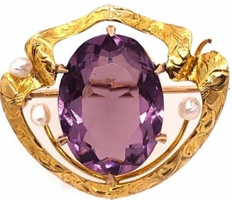 10K Yellow Gold Brooch with Amethyst and Pearl 5g
