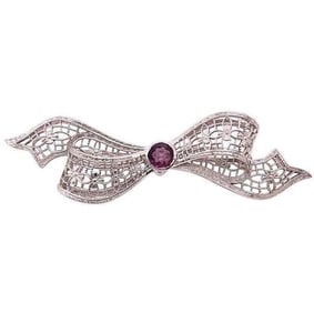14K White Gold Brooch Filigree Bow / Amethyst 3.3g