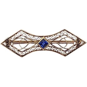 14K Yellow Gold with Sapphire Filigree Brooch 7g