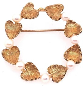 14 Karat Yellow Gold Hear Brooch with Pearls 5.7g