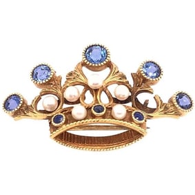 14 Kt Gold Tiara Crown Brooch, Pearls and Sapphire